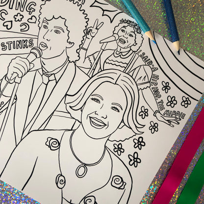 Image shows a colouring page inspired by 90s rom com movie The Wedding Singer