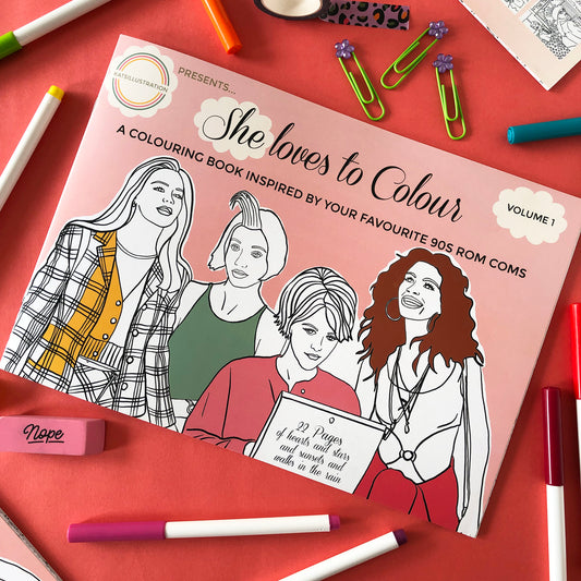 Image shows a colouring book inspired by 90s rom com movies 
