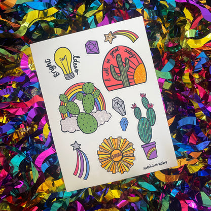 Image shows a bright  and colourful sticker sheet with illustrated designs of cacti, gems and other bright designs.