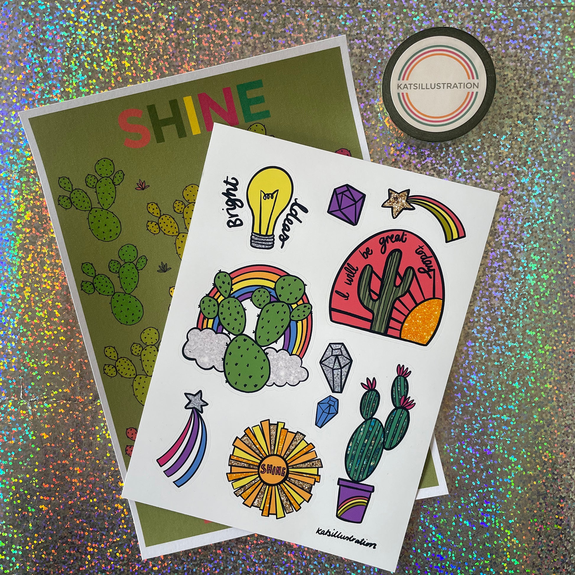 Image shows a bright  and colourful sticker sheet with illustrated designs of cacti, gems and other bright designs.