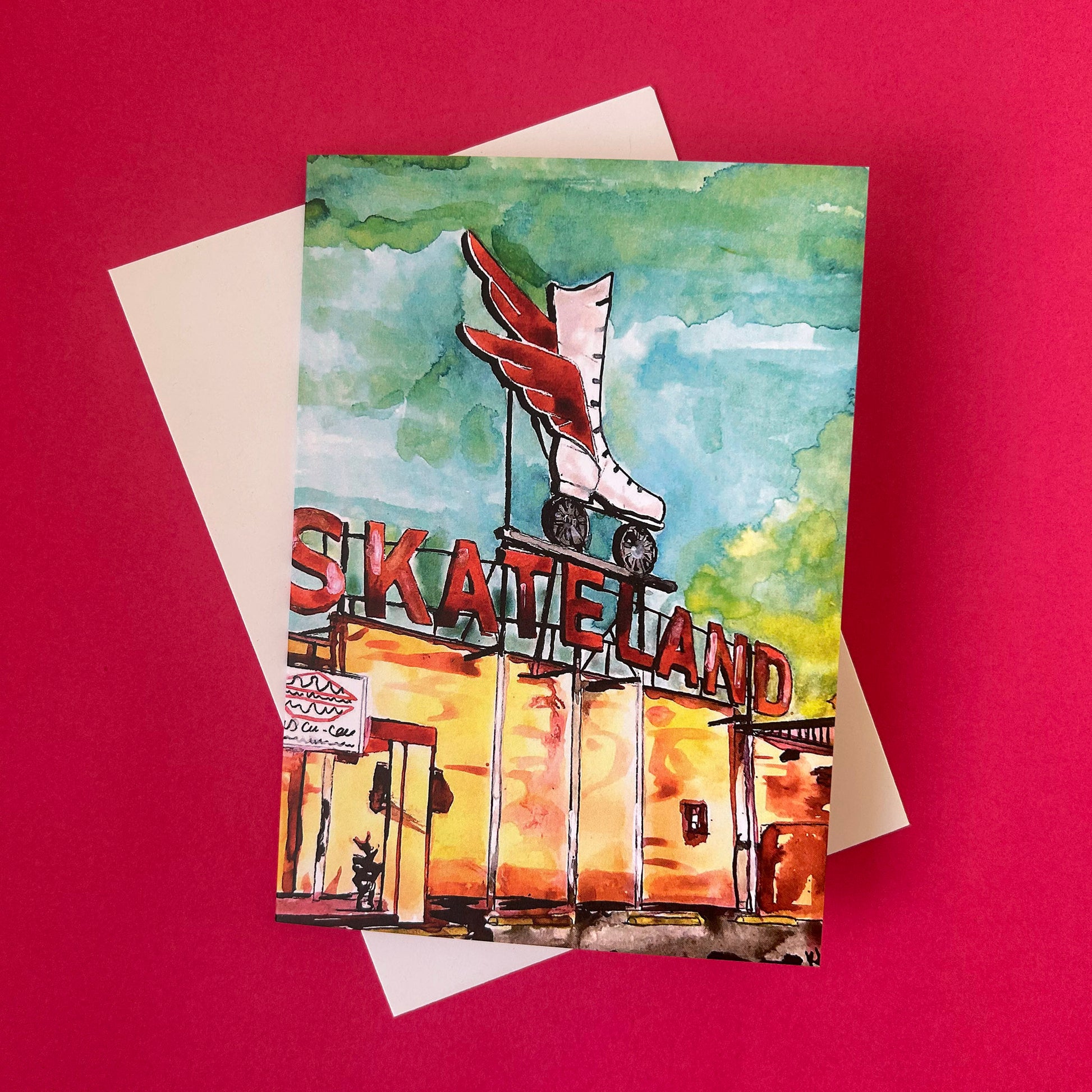 Greeting card with Skateland roller rink illustration on a red background