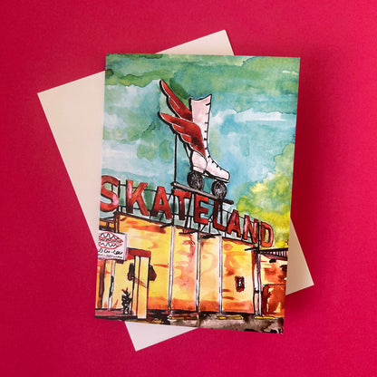 Greeting card with Skateland roller rink illustration on a red background