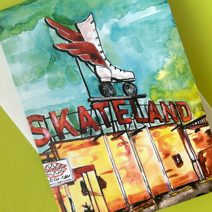 Illustration of a roller skate and 'Skate Land' sign with a watercolour background.