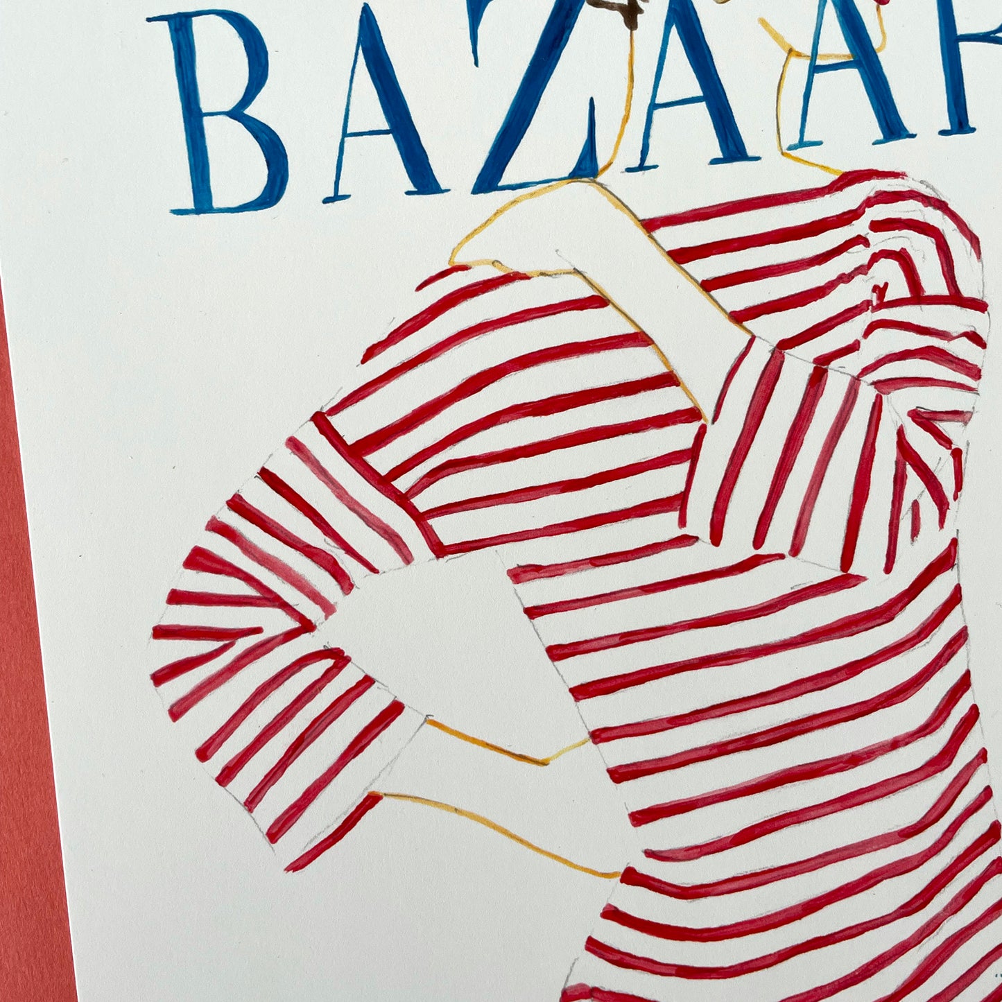 Image shows a simple line ink illustration of a Harpers Bazaar cover showing a woman in a red striped outfit