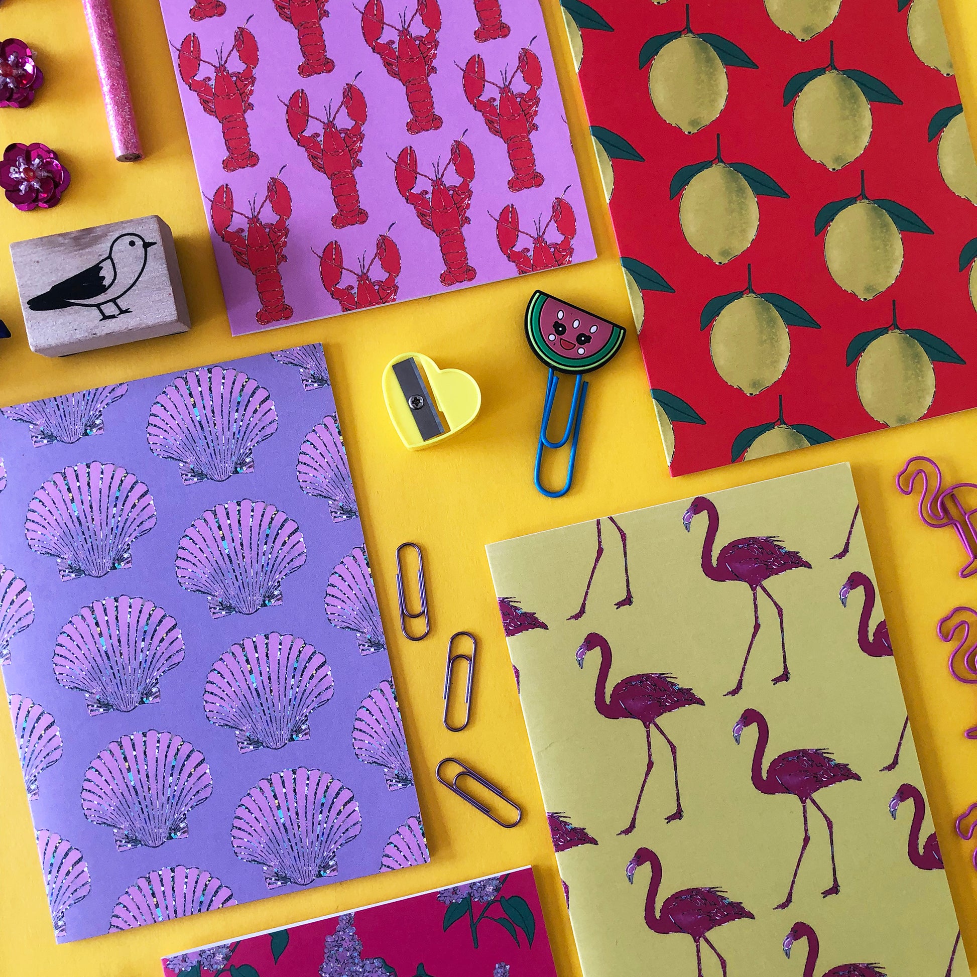 Image shows a set of 5 illustrated notecards featuring vibrant summer patterns.