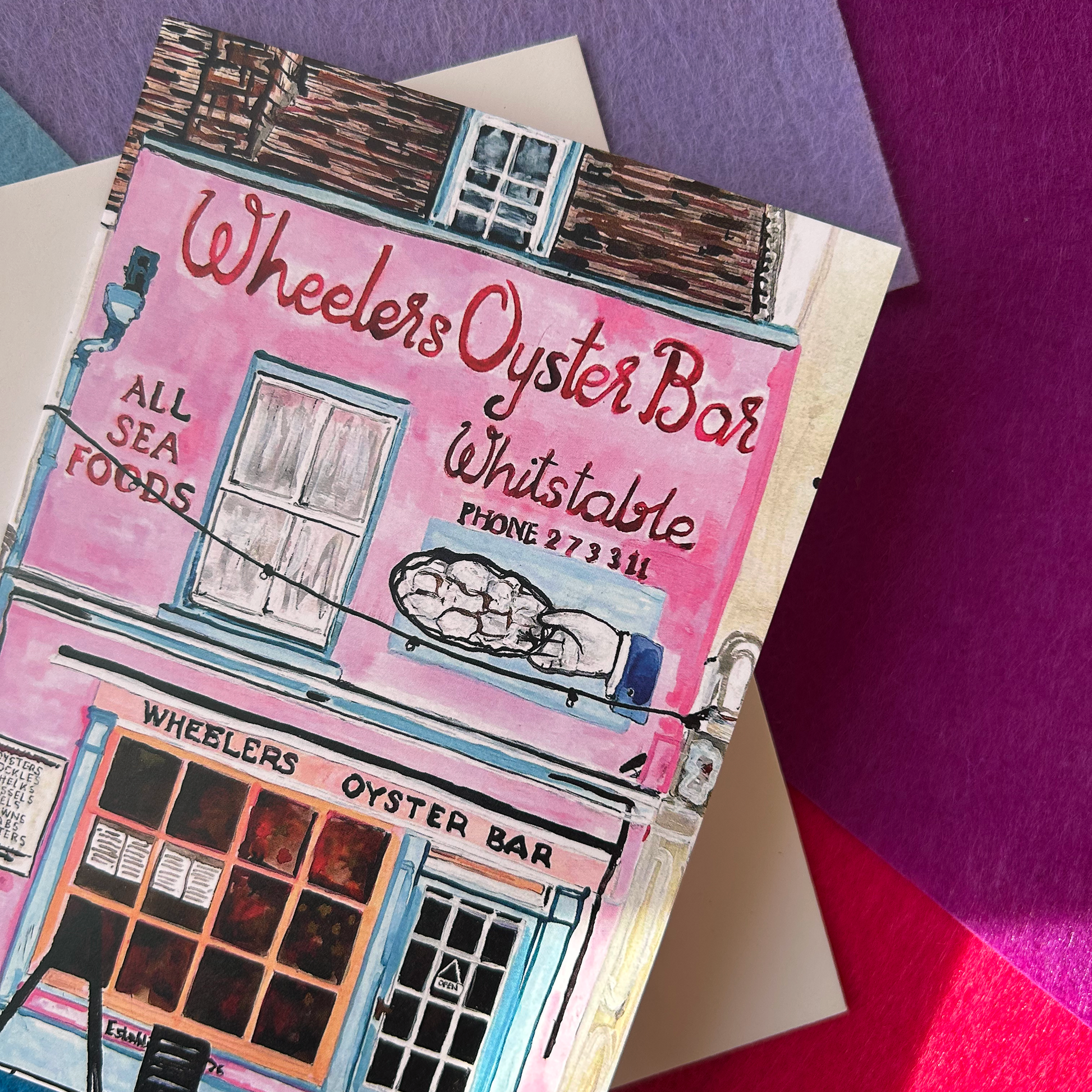 Illustration of Wheelers Oyster Bar in Whitstable on a colourful background