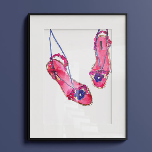 Framed art print of an ink illustration of a pair of pink and purple sandals with flowers on them.