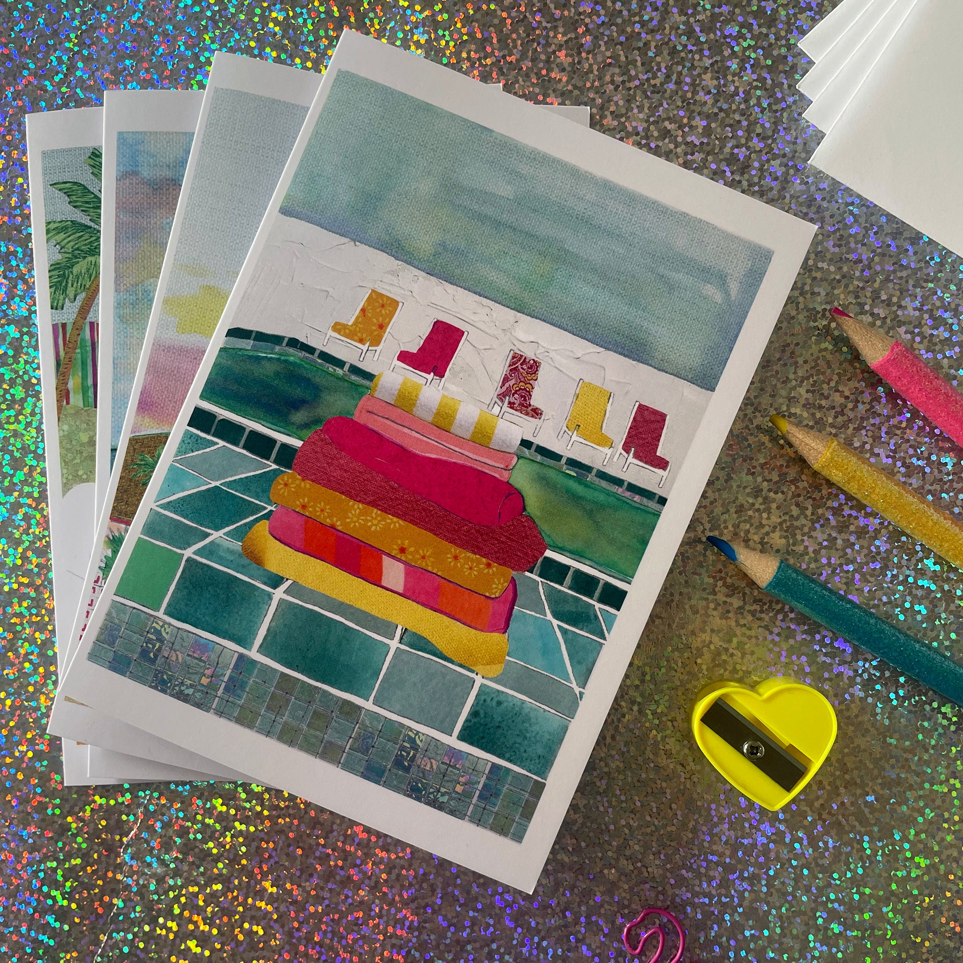 Image shows a set of 4 notecards each featuring a different, unique illustration of a summer scene