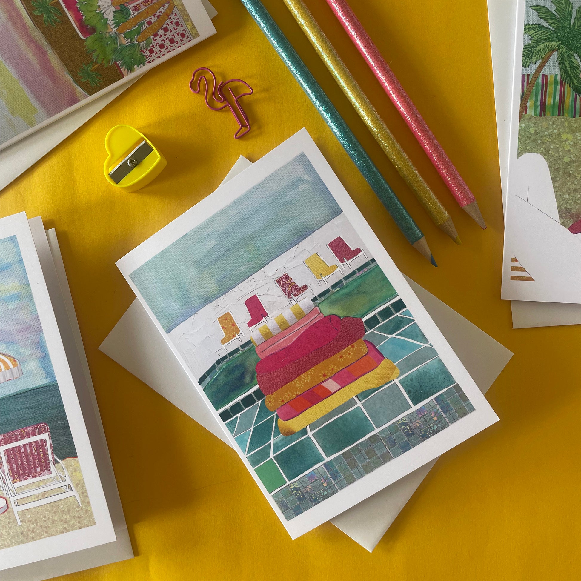 Image shows a set of 4 notecards each featuring a different, unique illustration of a summer scene