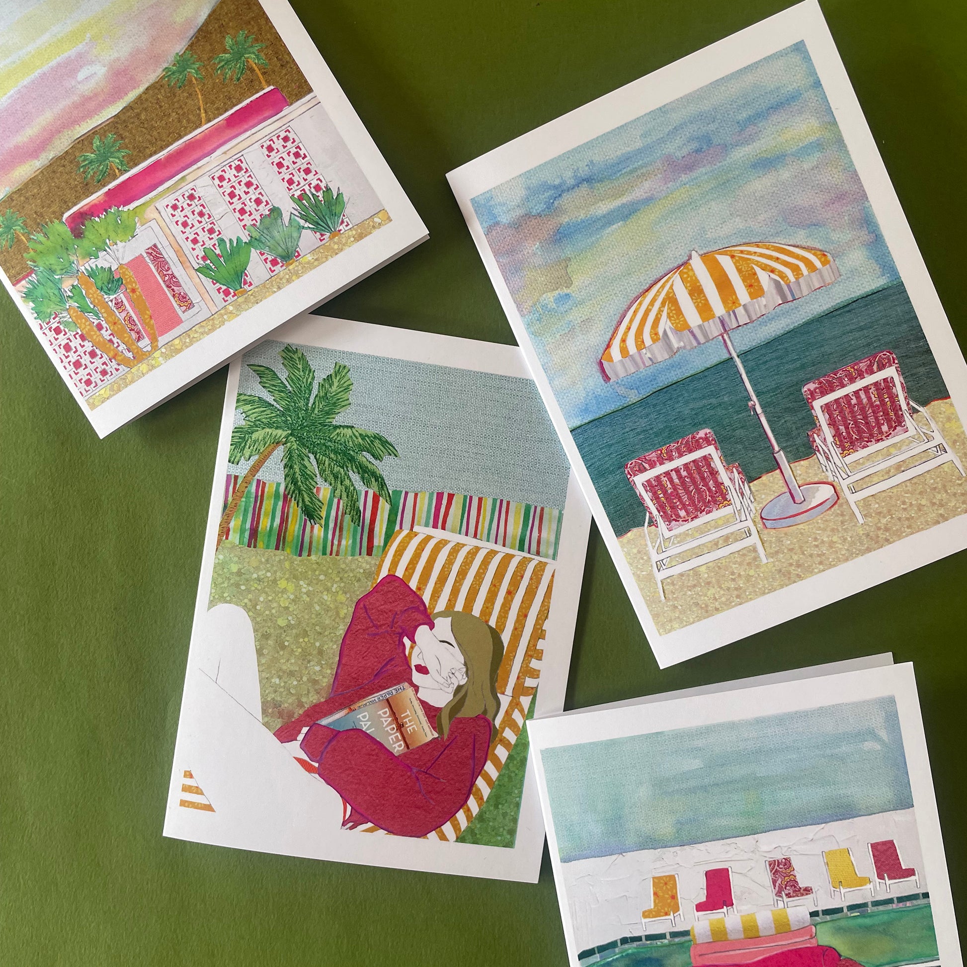 Image shows a set of 4 notecards each featuring a different, unique illustration of a summer scene