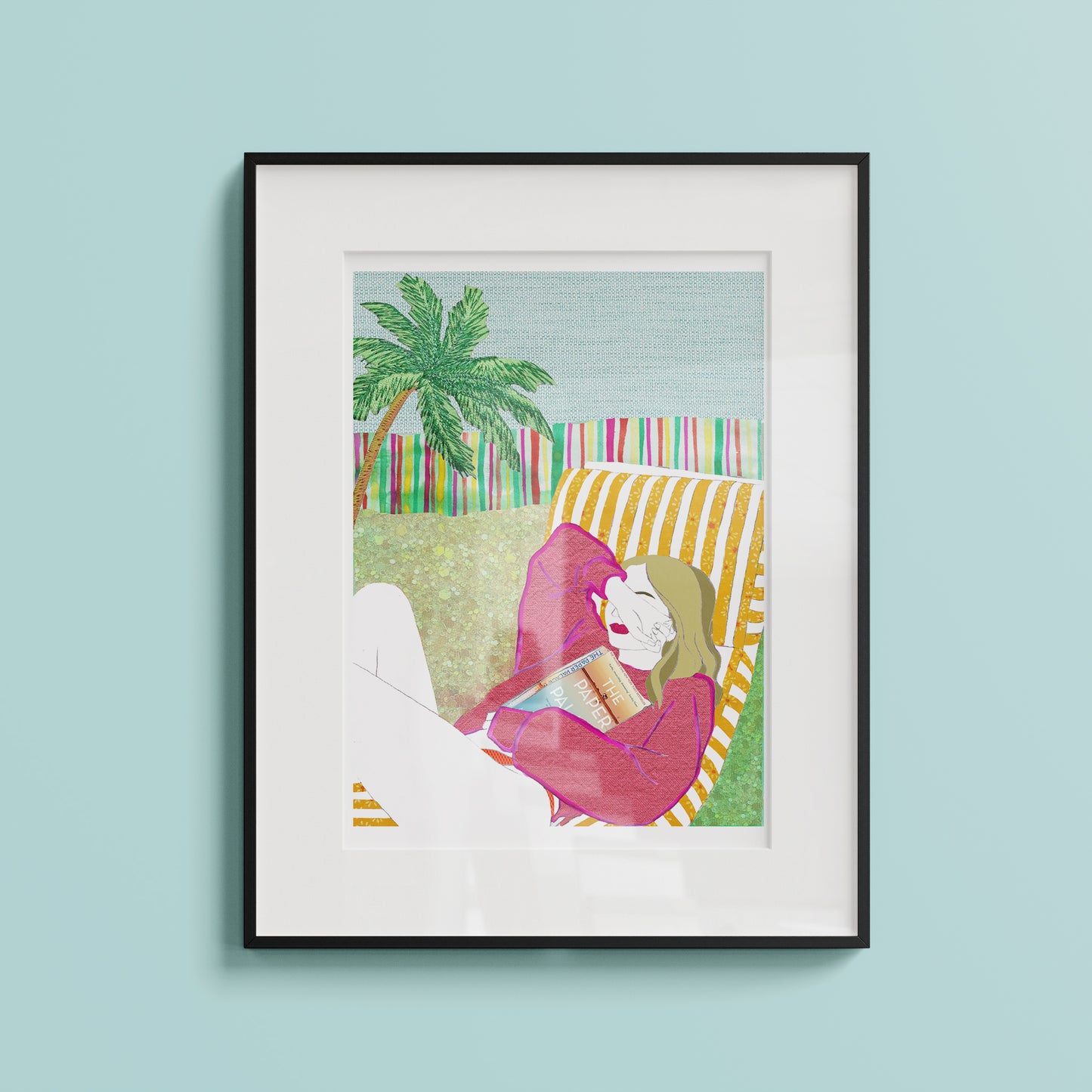 Framed illustration of a woman shading her face from the sun on a blue wall