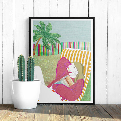 Framed illustration of a woman shading her face from the sun on a white background.