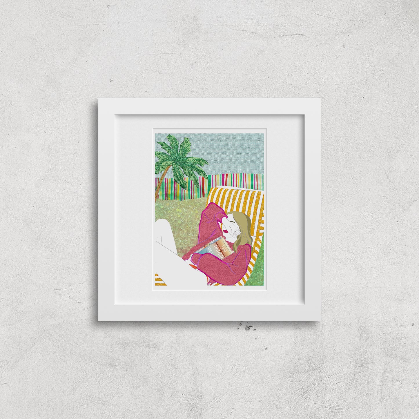 Framed illustration of a woman shading her face from the sun on a white background.