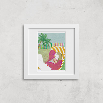 Framed illustration of a woman shading her face from the sun on a white background.