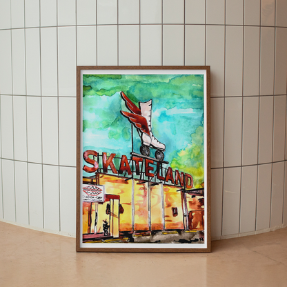 Framed artwork of a skate-themed sign with roller skates on a tiled wall.