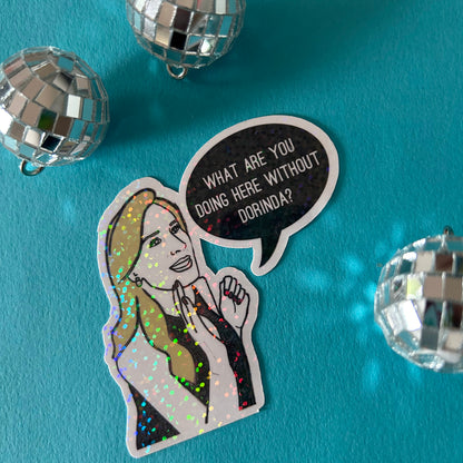 Sticker with a woman's silhouette and text bubble on a blue background with disco balls.