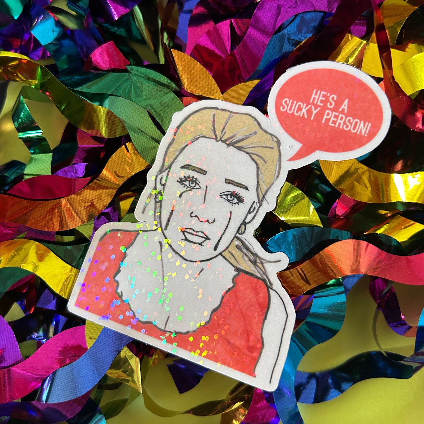 Sticker of a person with a speech bubble on a colorful, shiny background