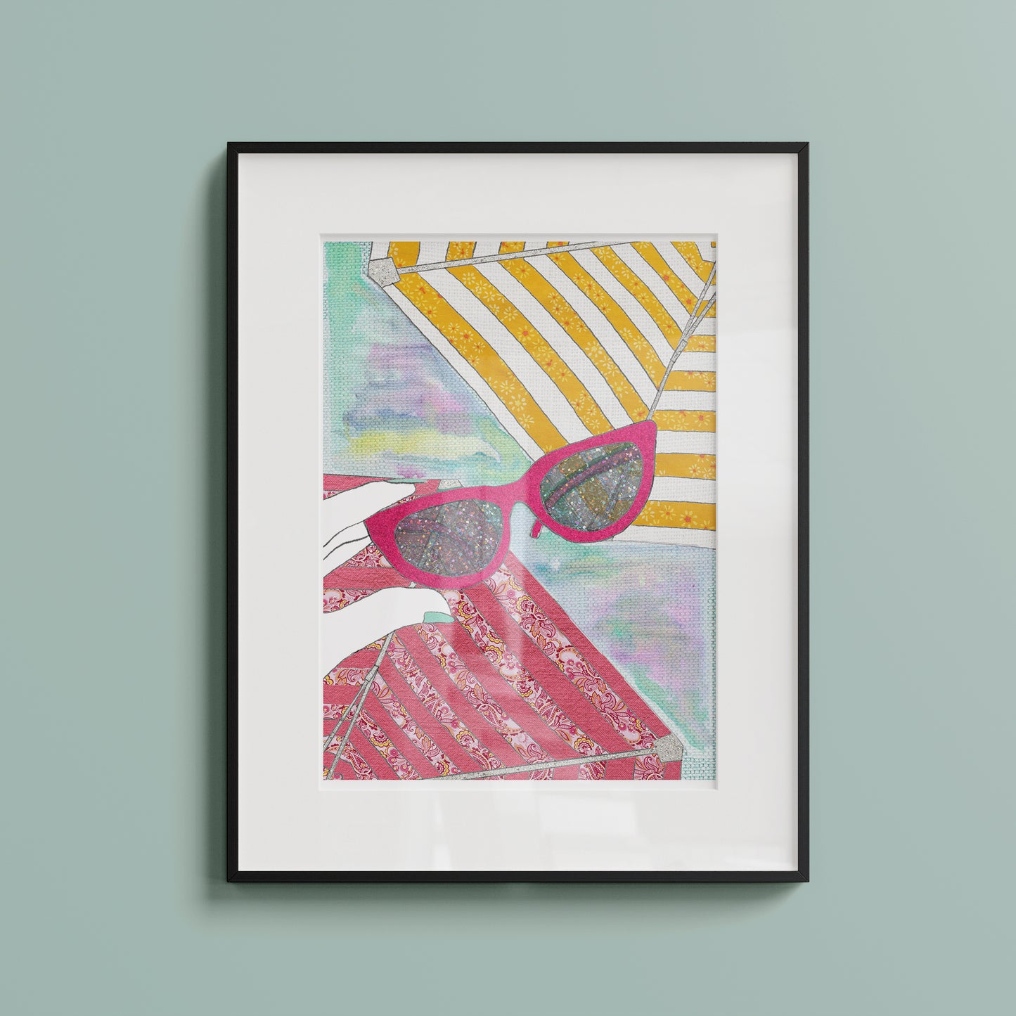 Framed illustration of the sunlight shining through a pair of pink sunglasses on a blue wall