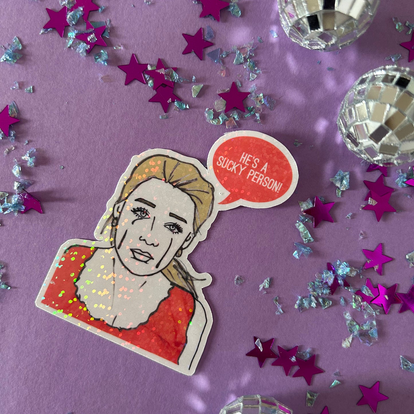 Sticker of Lauren Conrad crying on a purple background with stars and disco balls.