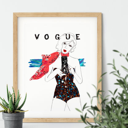 Image shows a framed illustration inspired by a vintage Vogue cover, drawn in pencil and collaged fabrics.