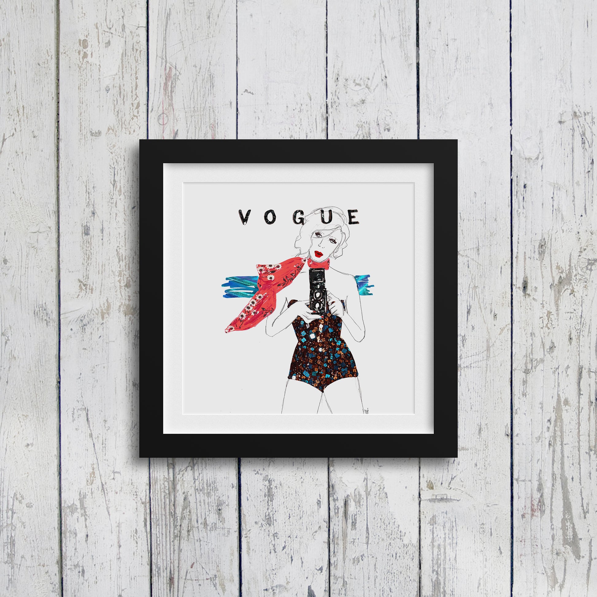 Image shows a framed illustration inspired by a vintage Vogue cover, drawn in pencil and collaged fabrics.