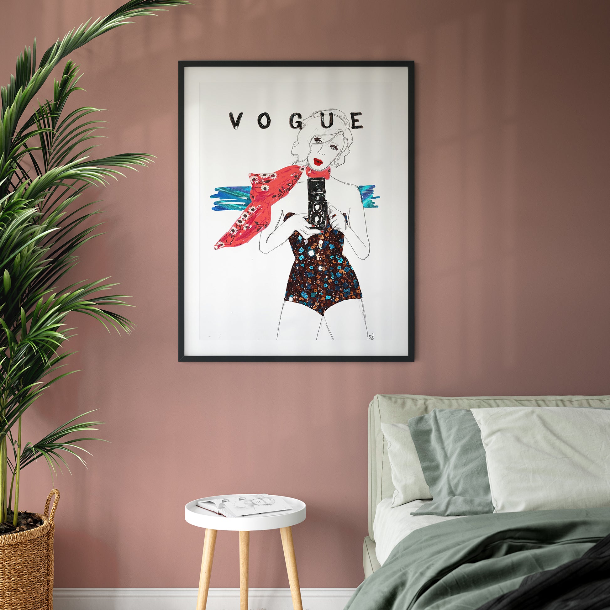 Image shows a framed illustration inspired by a vintage Vogue cover, drawn in pencil and collaged fabrics.