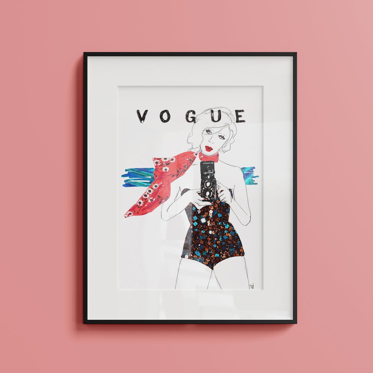 Image shows a framed illustration inspired by a vintage Vogue cover, drawn in pencil and collaged fabrics.