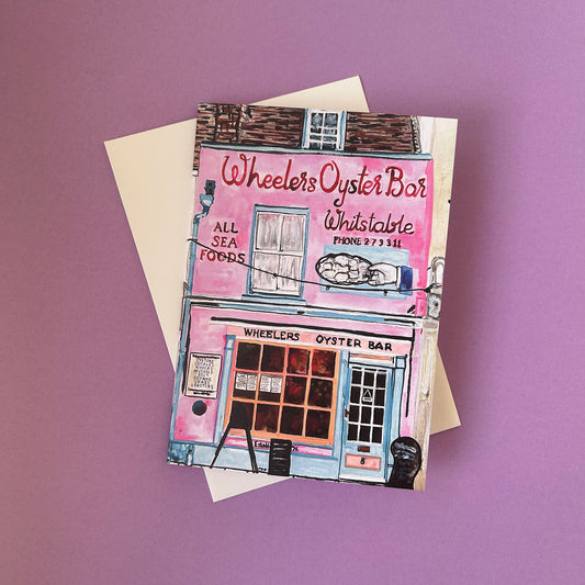 Greeting card with illustration of Wheeler's Oyster Bar on a purple background