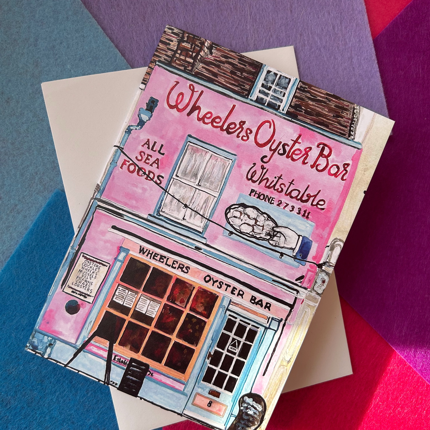 Illustrated card of Wheeler's Oyster Bar with a colourful background