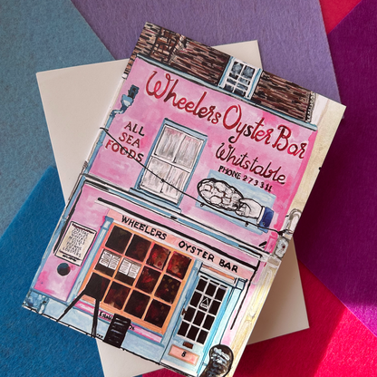 Illustrated card of Wheeler's Oyster Bar with a colourful background