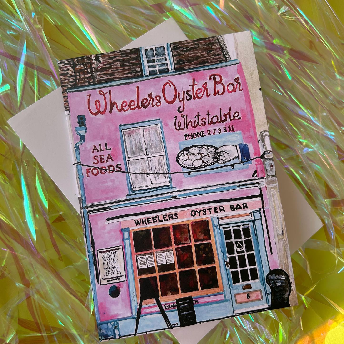 Illustration of Wheeler's Oyster Bar on a colourful, reflective background