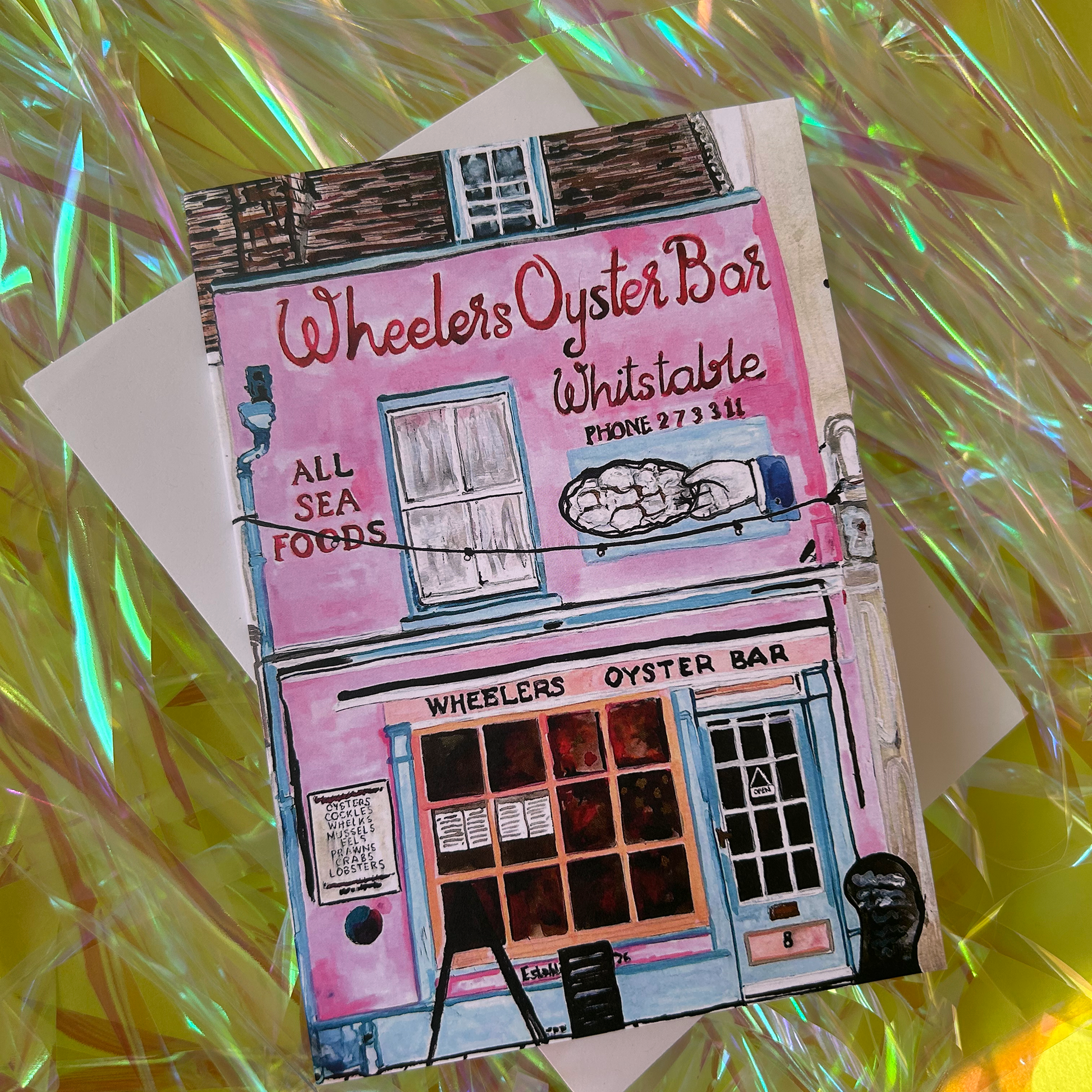 Illustration of Wheeler's Oyster Bar on a colourful, reflective background