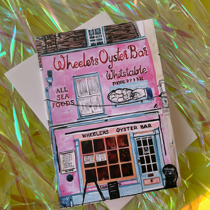 Illustration of Wheeler's Oyster Bar on a colourful, reflective background