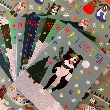 A fan of Christmas greeting cards featuring a black and white collie dog wearing festive goggles and a scarf, set against a snowy background with colourful snowflakes. The cards are fanned out on top of matching holiday wrapping paper.
