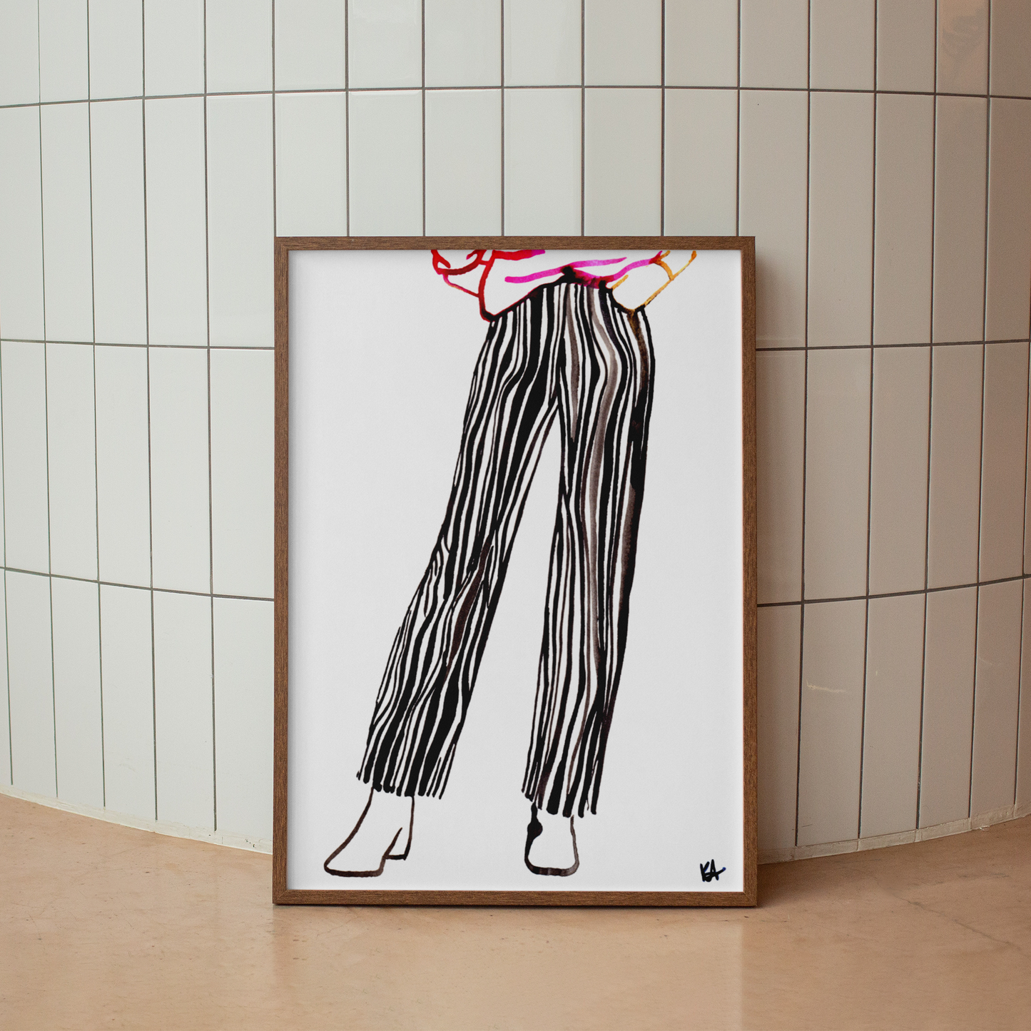 Image shows a framed fashion illustration of striped trousers featuring bold ink lines