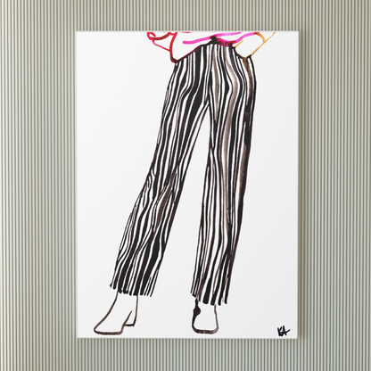 Image shows a framed fashion illustration of striped trousers featuring bold ink lines