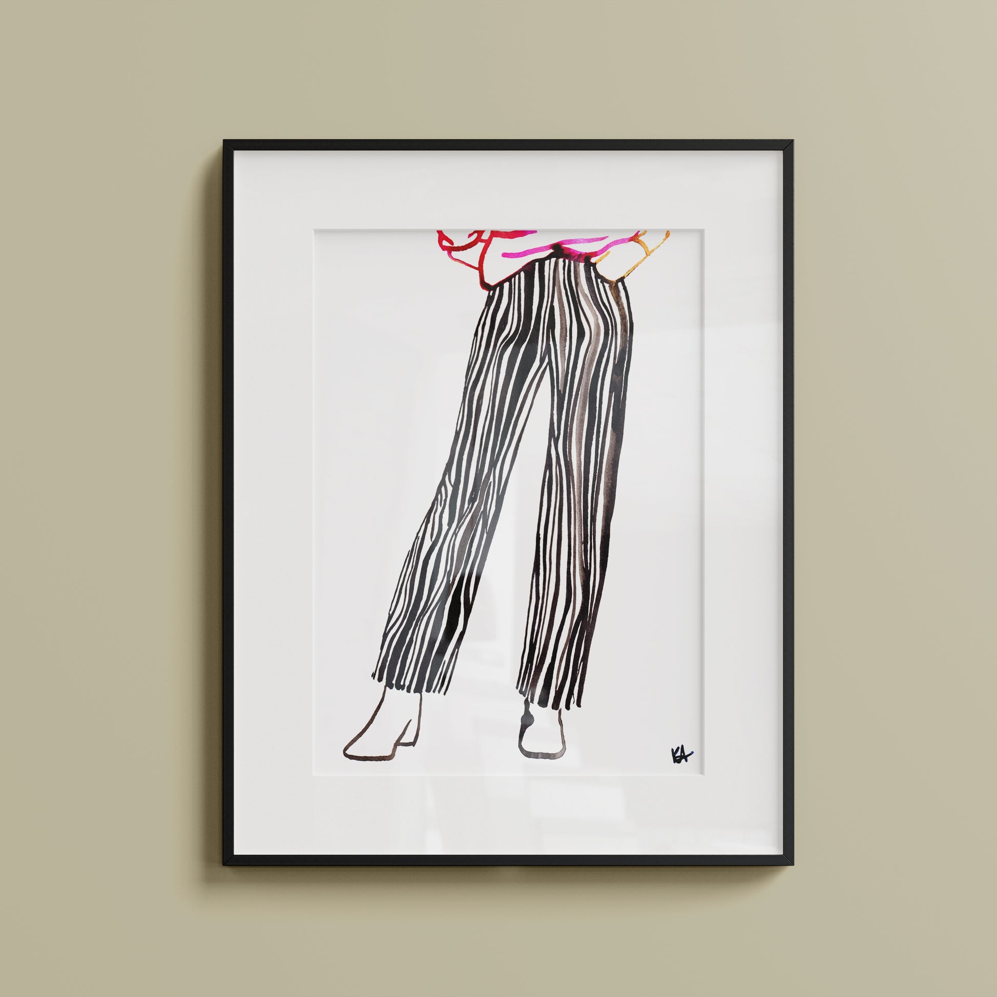 Image shows a framed fashion illustration of striped trousers featuring bold ink lines