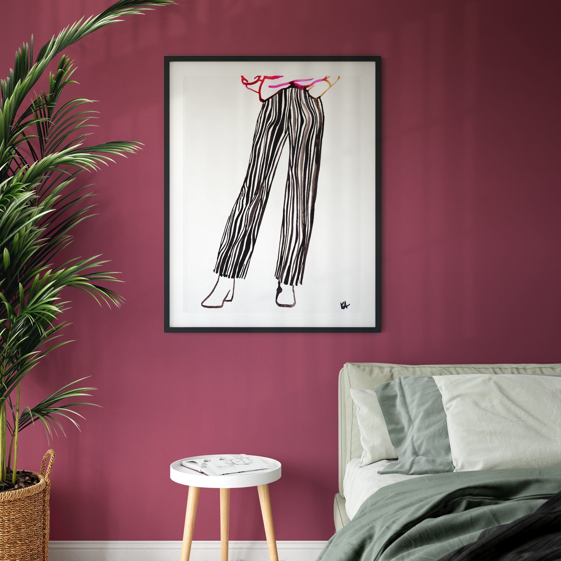 Image shows a framed fashion illustration of striped trousers featuring bold ink lines