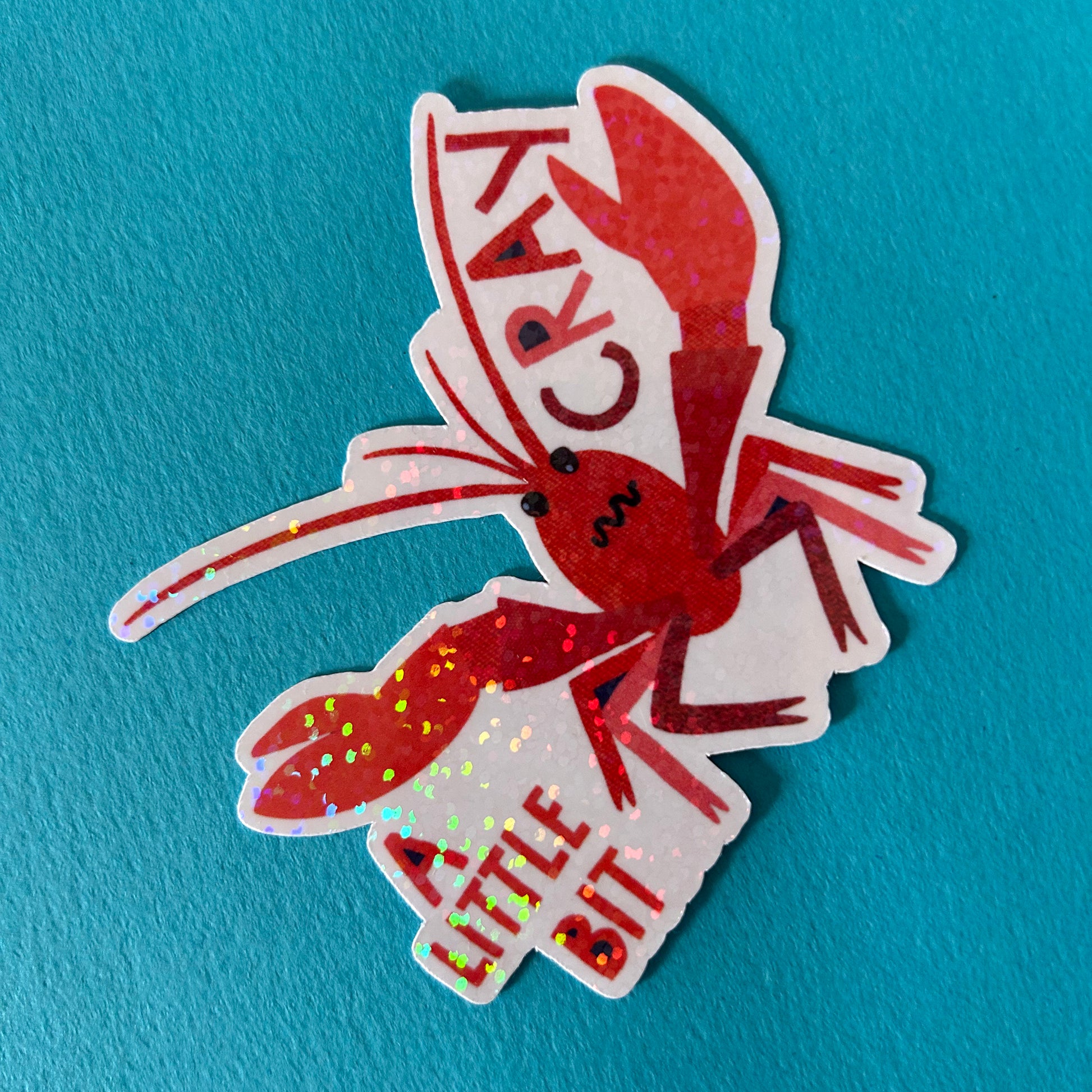 Sticker of a red crayfish with text on a blue background